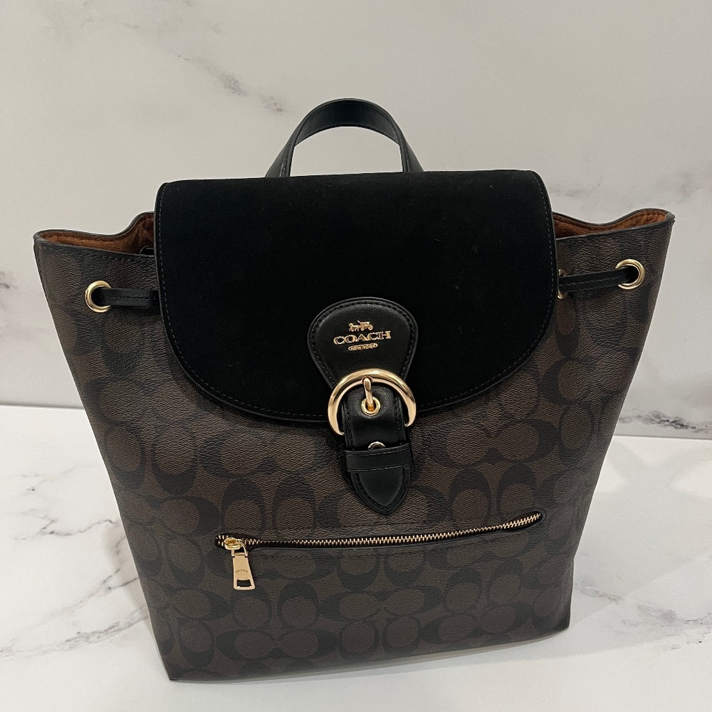 Coach Evie Signature Canvas Suede Brown Buckle Backpack